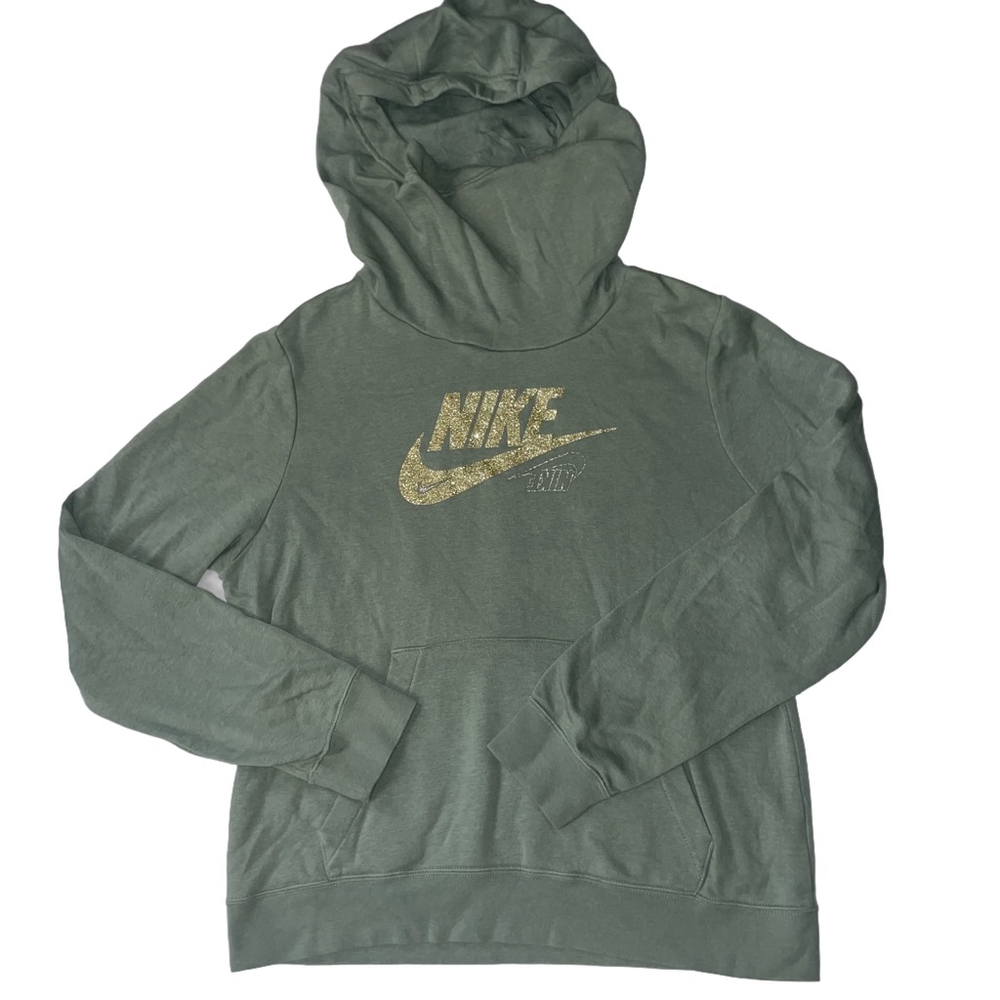 Green Nike NSW Club Fleece Funnel-neck Glitter Hoodie Size Medium for Women